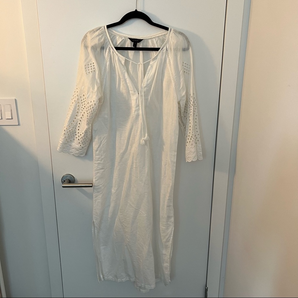 J.CREW EYELET CAFTAN EMBROIDERED BEACH COVER-UP MAXI DRESS WHITE - medium